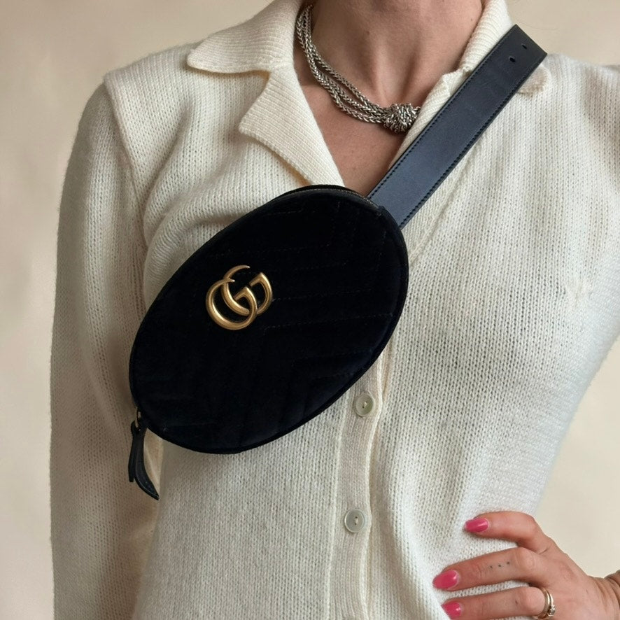Gucci GG Marmont Matelassé Velvet Belt Bag - Black