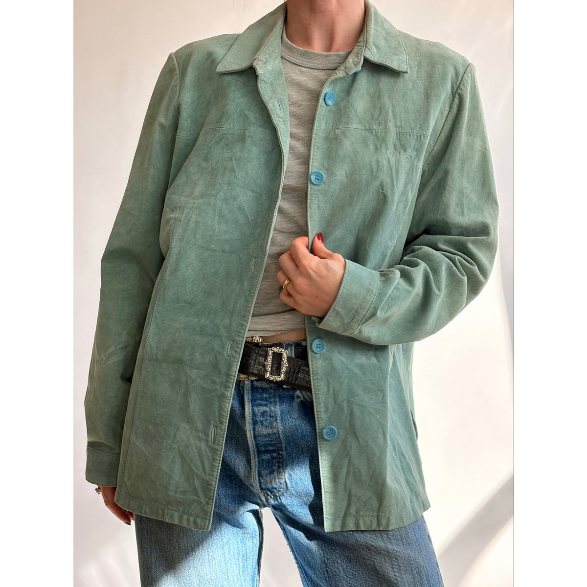 Bernardo Sea Foam Green Suede Button-Down Shirt/Jacket