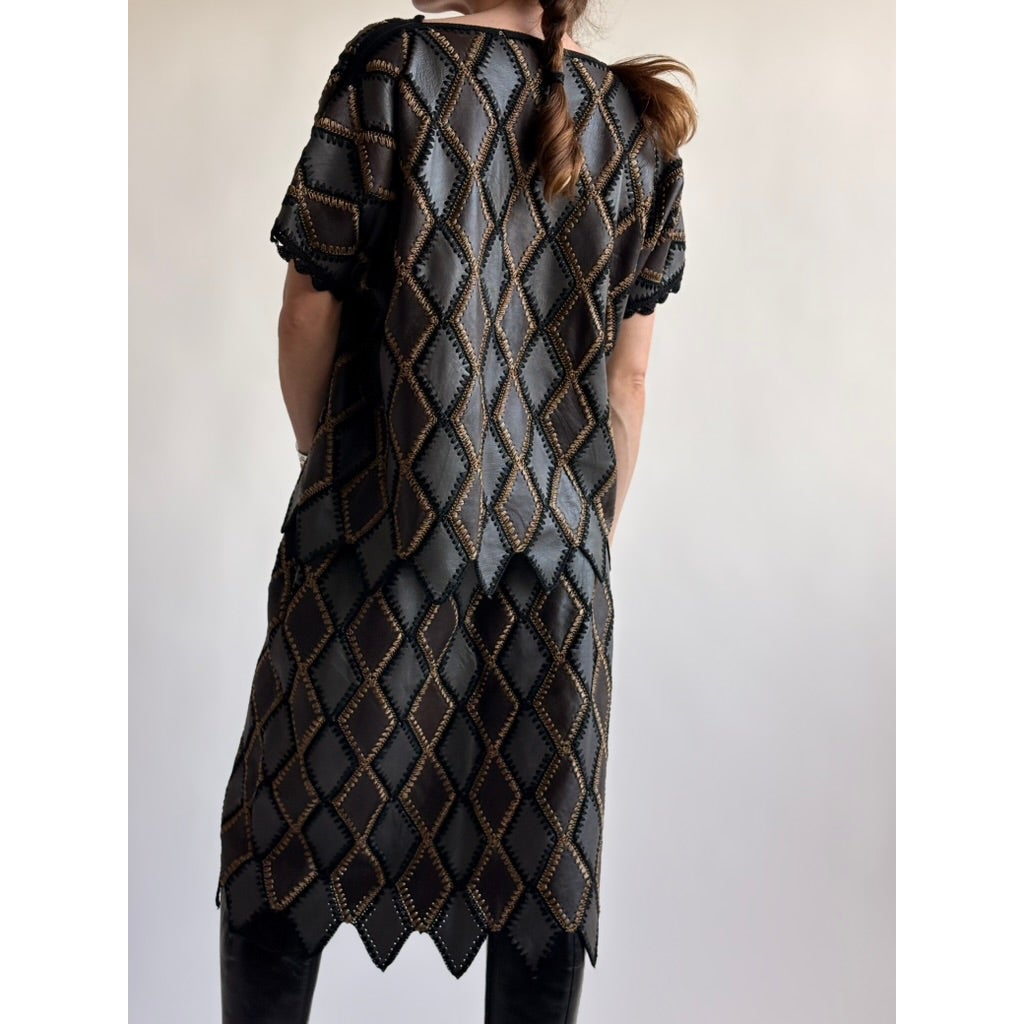 Vintage 1970s Handmade Turkish Diamond Patchwork Leather Top