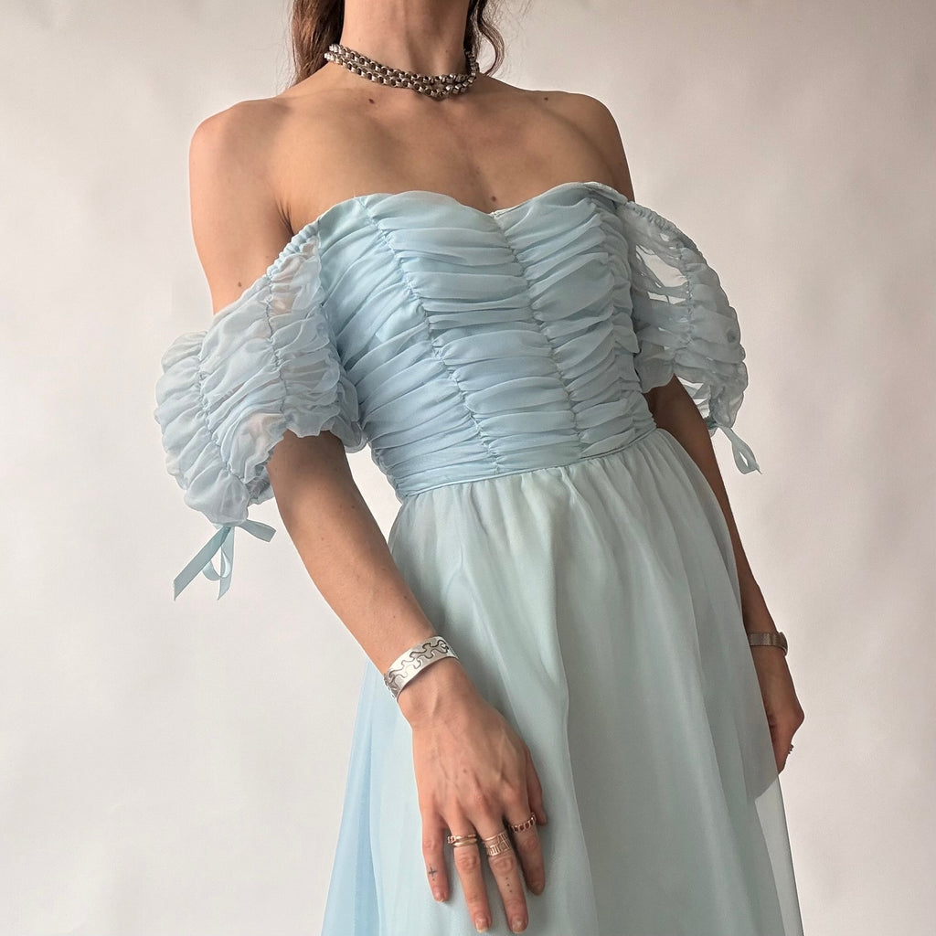 Roberta of California Vintage Powder Blue Ruched Off-Shoulder Gown