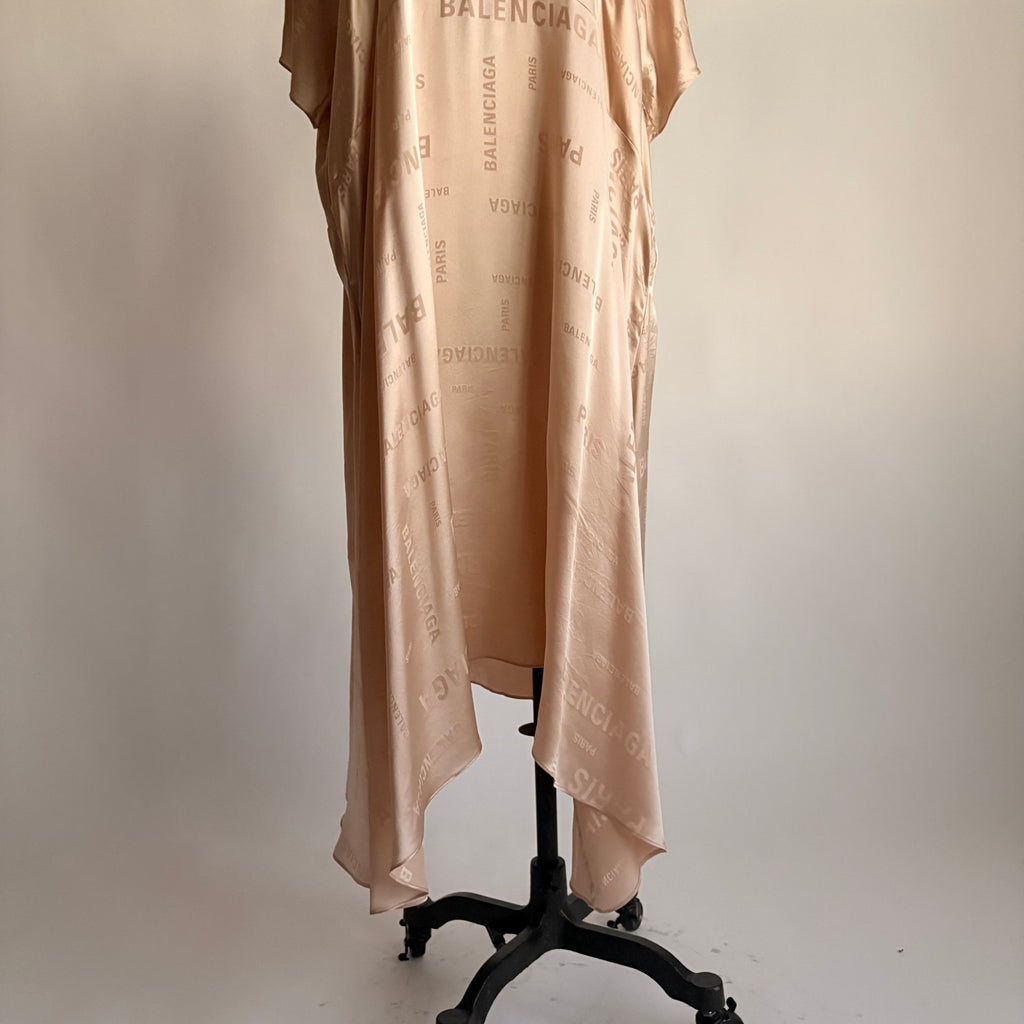 Vintage Balenciaga Champagne Beige Silk Jacquard Logo Midi Dress