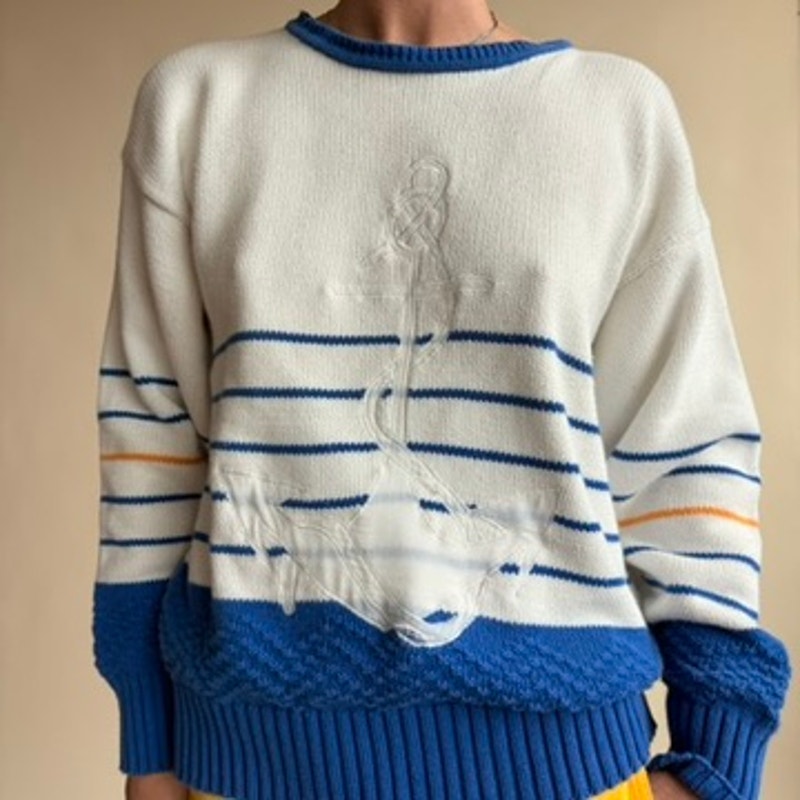 Davison's Bermuda Nautical Sweater - Blue & White Stripe, Anchor Patch, Size M