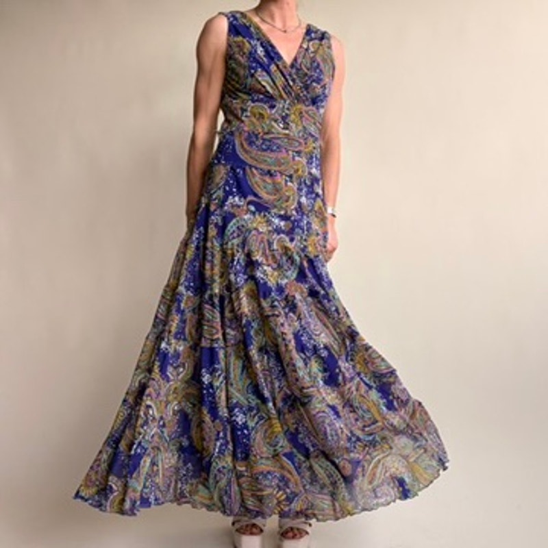 Jones New York Purple Paisley Maxi Dress - Boho, V-Neck, Size 8