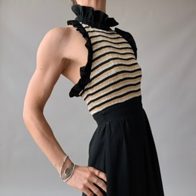 Vintage 70s Black & Gold Striped Halter Maxi Dress - Ruffle Hem