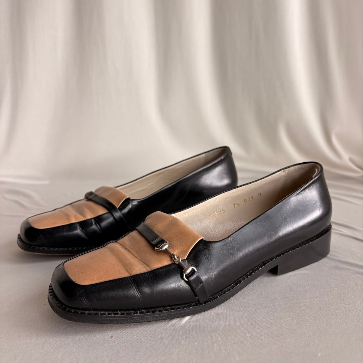 Vintage Joan & David Black & Tan Leather Loafers - Silver Horsebit Hardware
