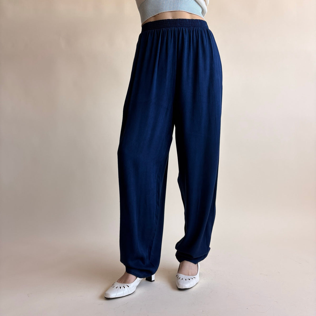 White on White Navy Wide Leg Pants - Small