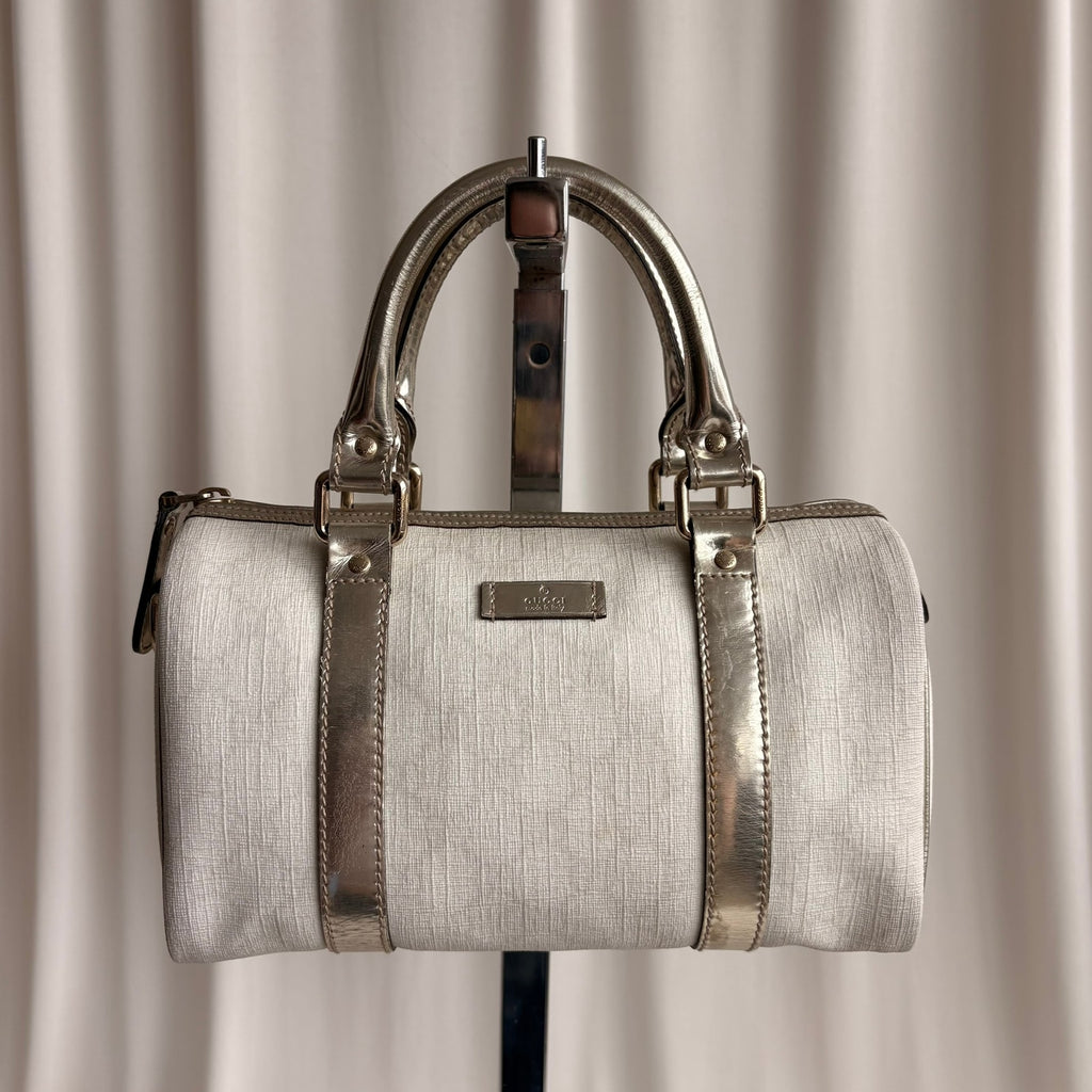 Gucci Small Joy Boston Bag - GG Supreme Canvas, White/Gold, Metallic Silver Trim