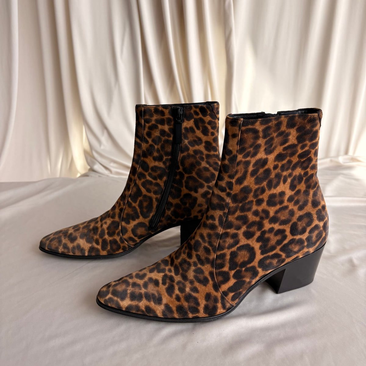 Saint Laurent Vassili 60 Leopard Suede Ankle Boots - Pointed Toe, EU 37 / US 7