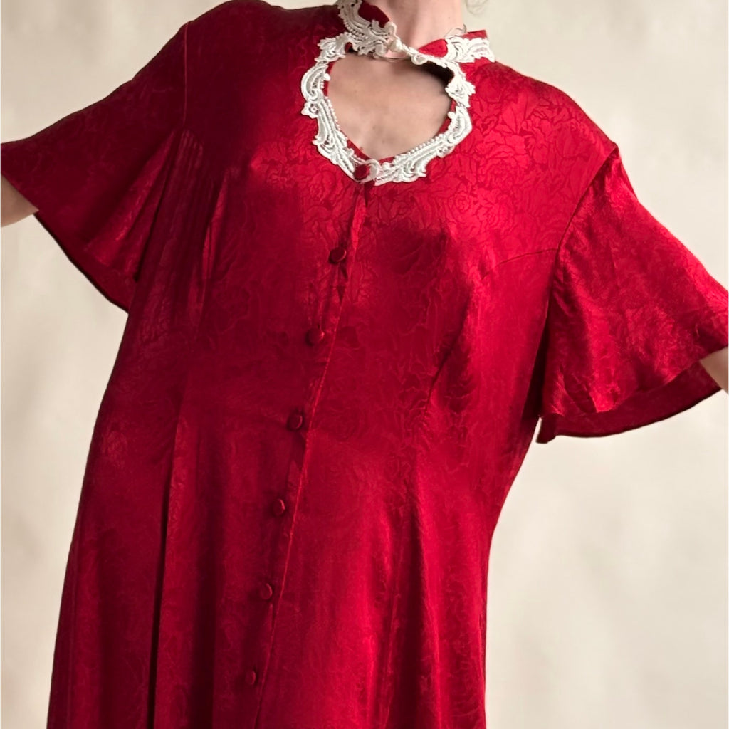 Frederick's of Hollywood Red Satin Rose Jacquard Maxi Dress - Lace Cutout