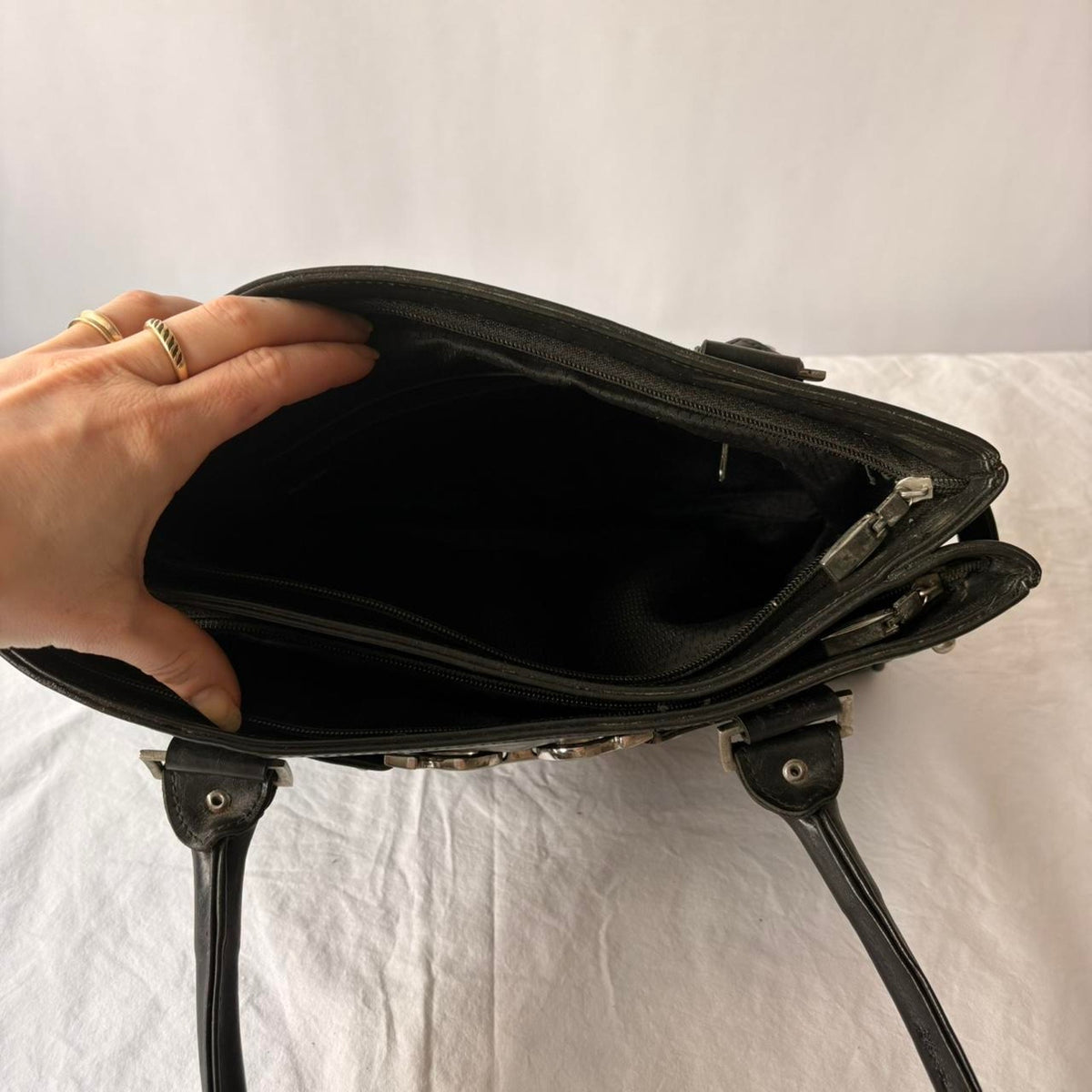 Vintage Delluka Black Leather Shoulder Bag - Silver Hardware