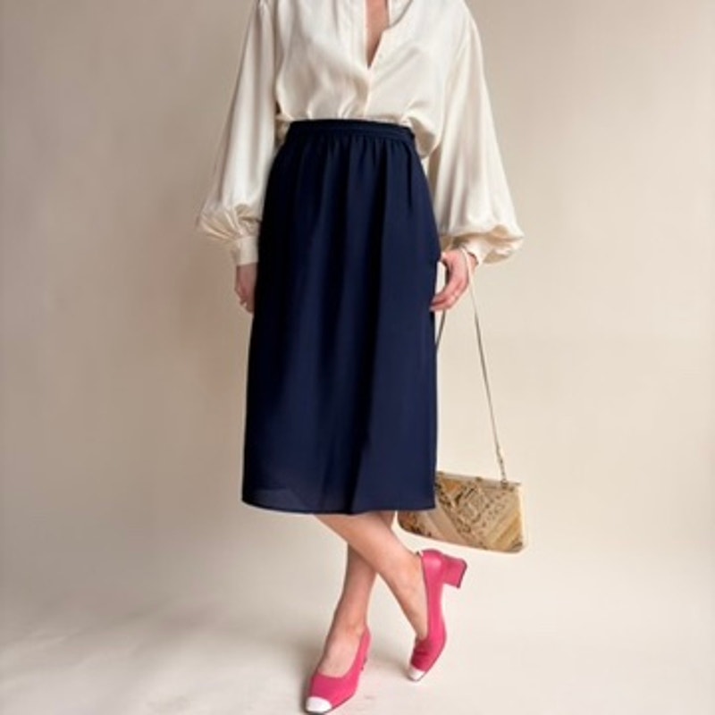 Navy Blue A-Line Midi Skirt - 80s Vintage, Size 4 (Fits 0)