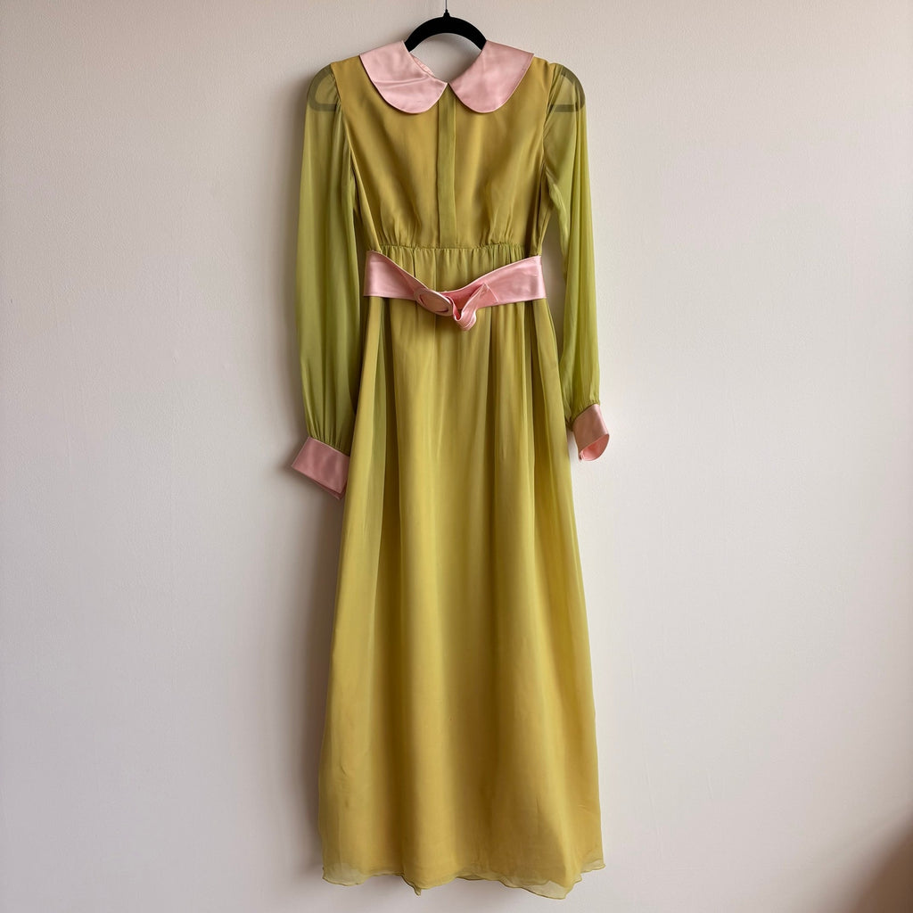 Vintage 60s/70s Chartreuse Peter Pan Collar Maxi Dress w/ Belt