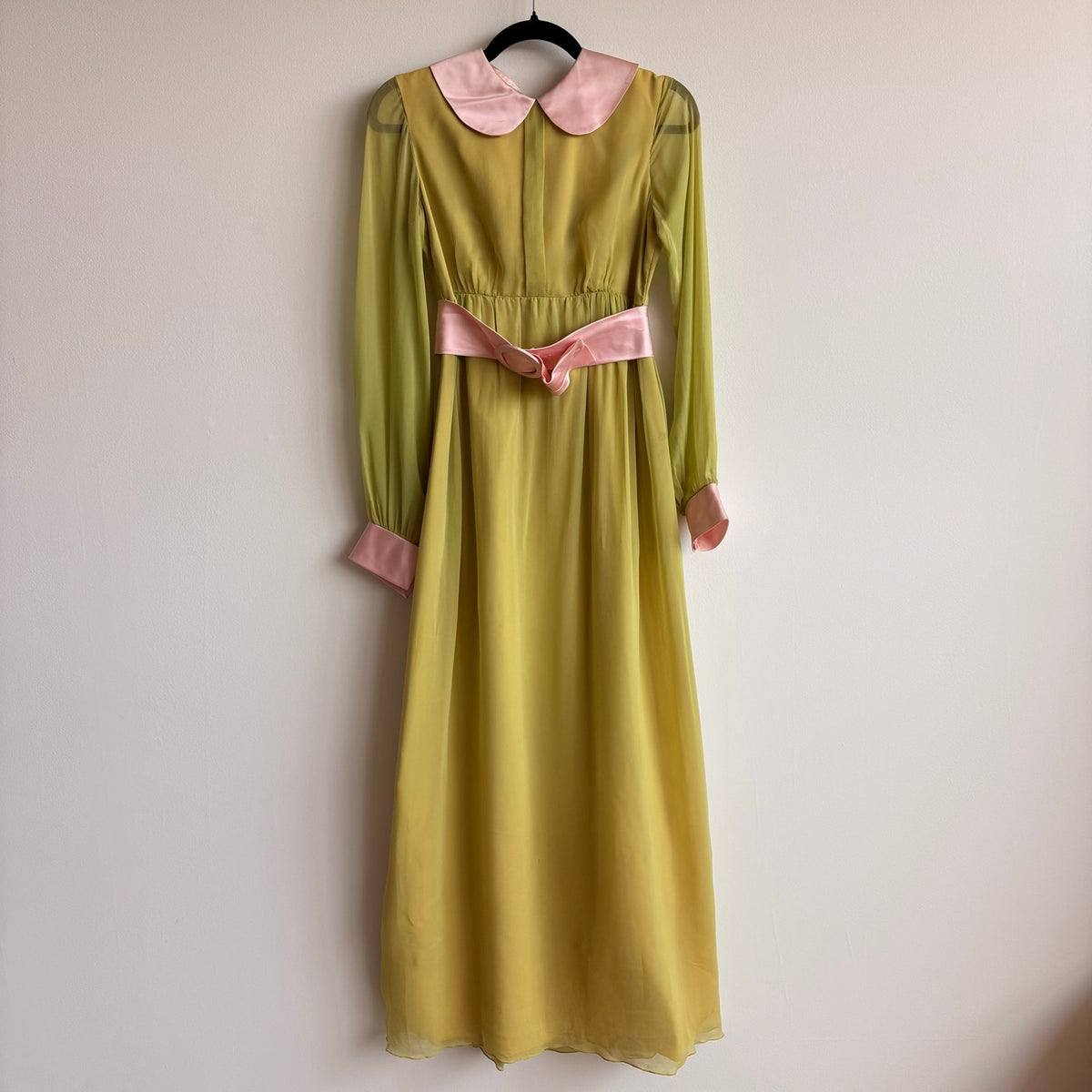 Vintage 60s/70s Chartreuse Peter Pan Collar Maxi Dress w/ Belt