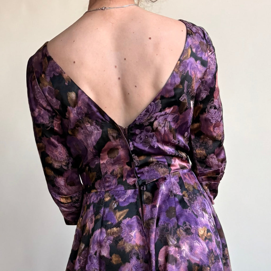 Dark Purple Floral Jacquard Maxi Gown - Boat Neck, Handmade, Fits Size 2