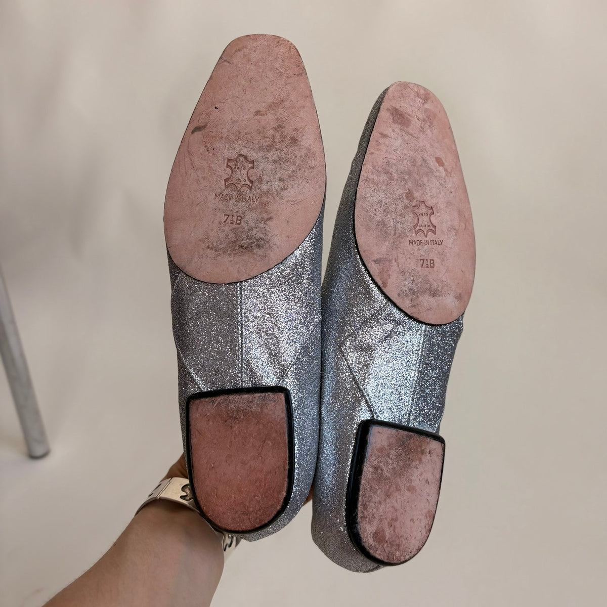 d'Ro-Too Silver Glitter Ballet Flats - Mid-Century Glam, Made in Italy, Size 7.5