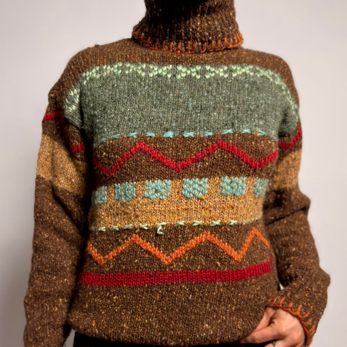 Vintage Wool Turtleneck with Geometric Stitching - Brown, Size Large