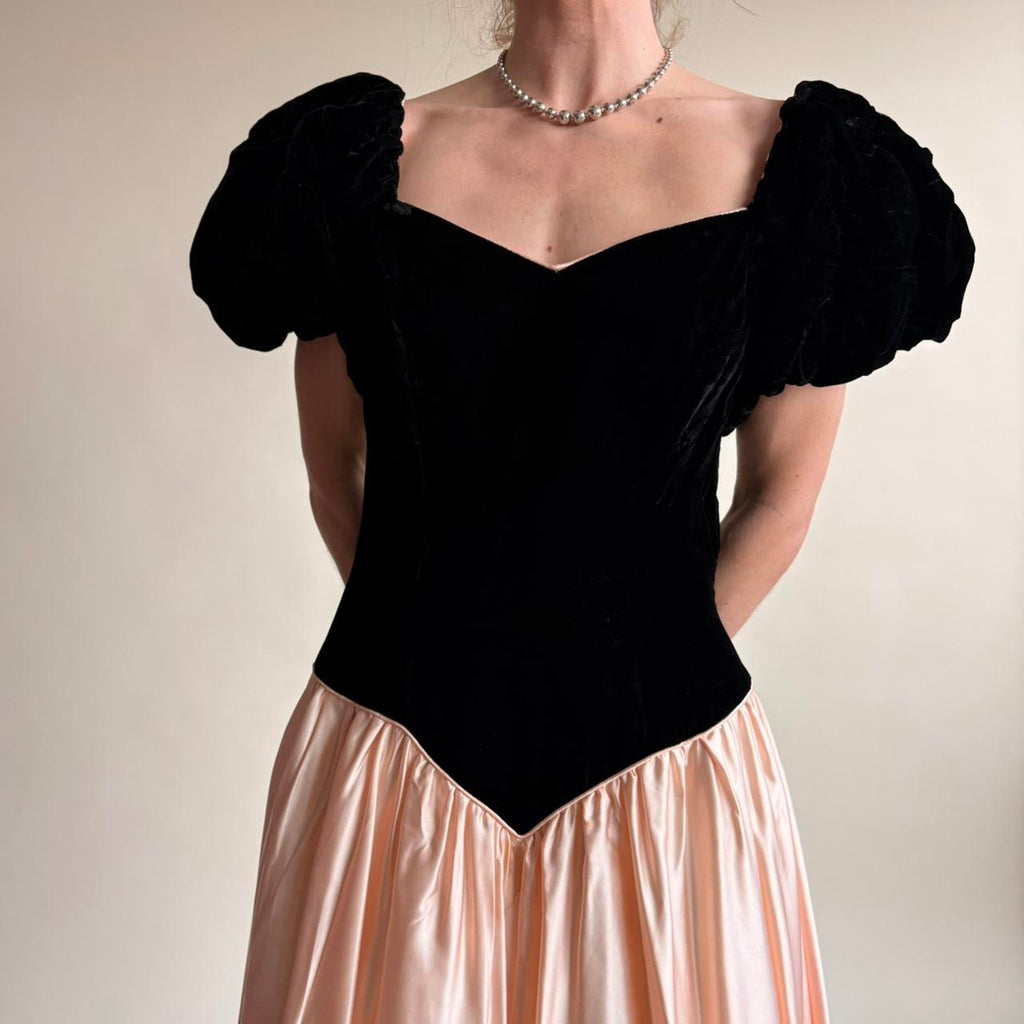 Sharon Akin Black Velvet & Pink Prom Dress - Vintage 80s, Size Small
