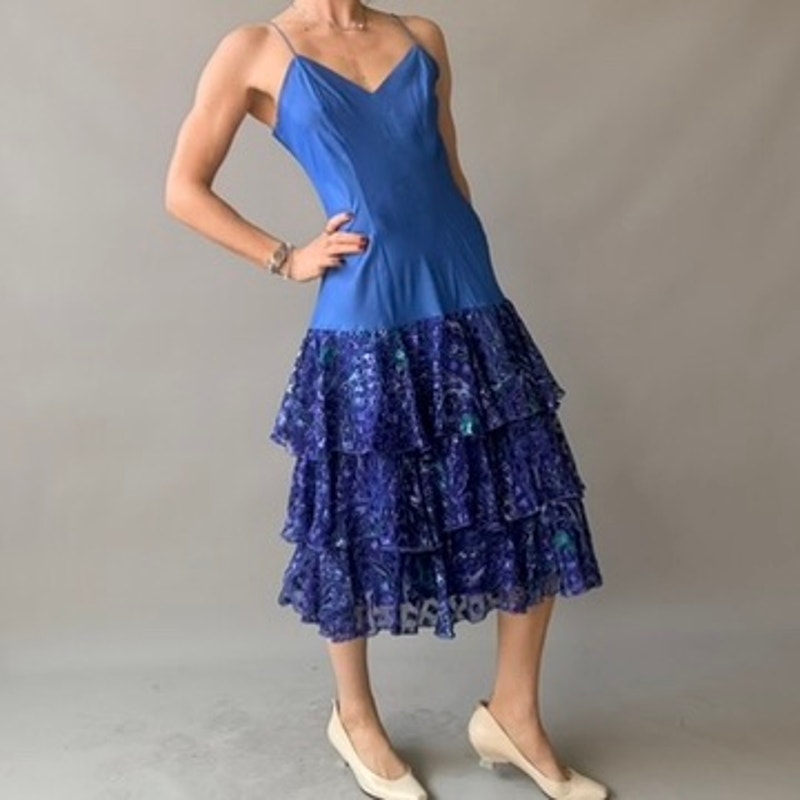 Ann Hobbs for Cattiva Blue Silk Drop-Waist Dress - Peacock Ruffle Tiered Skirt