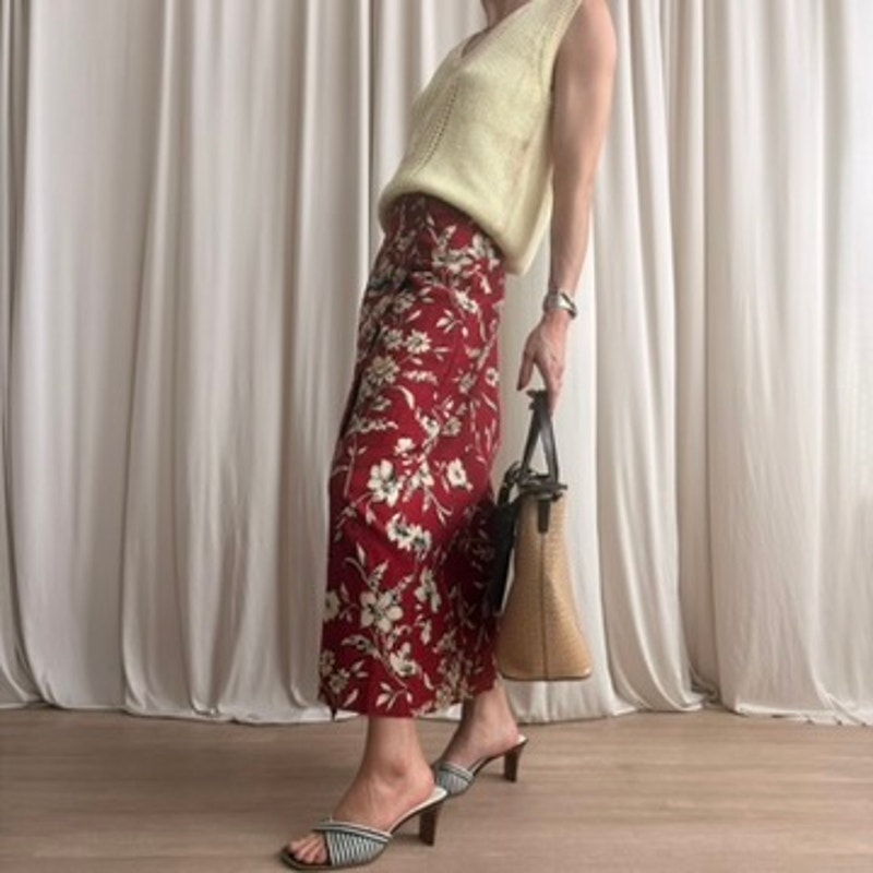 Talbots Floral Wrap Skirt - Red/Cream, Button Side - Size 12 (Fits L)