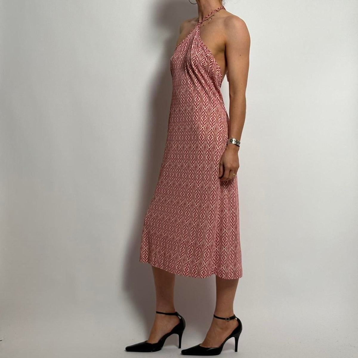 Chloé SS 2001 Pink and White Abstract Mesh Halter Dress - Large