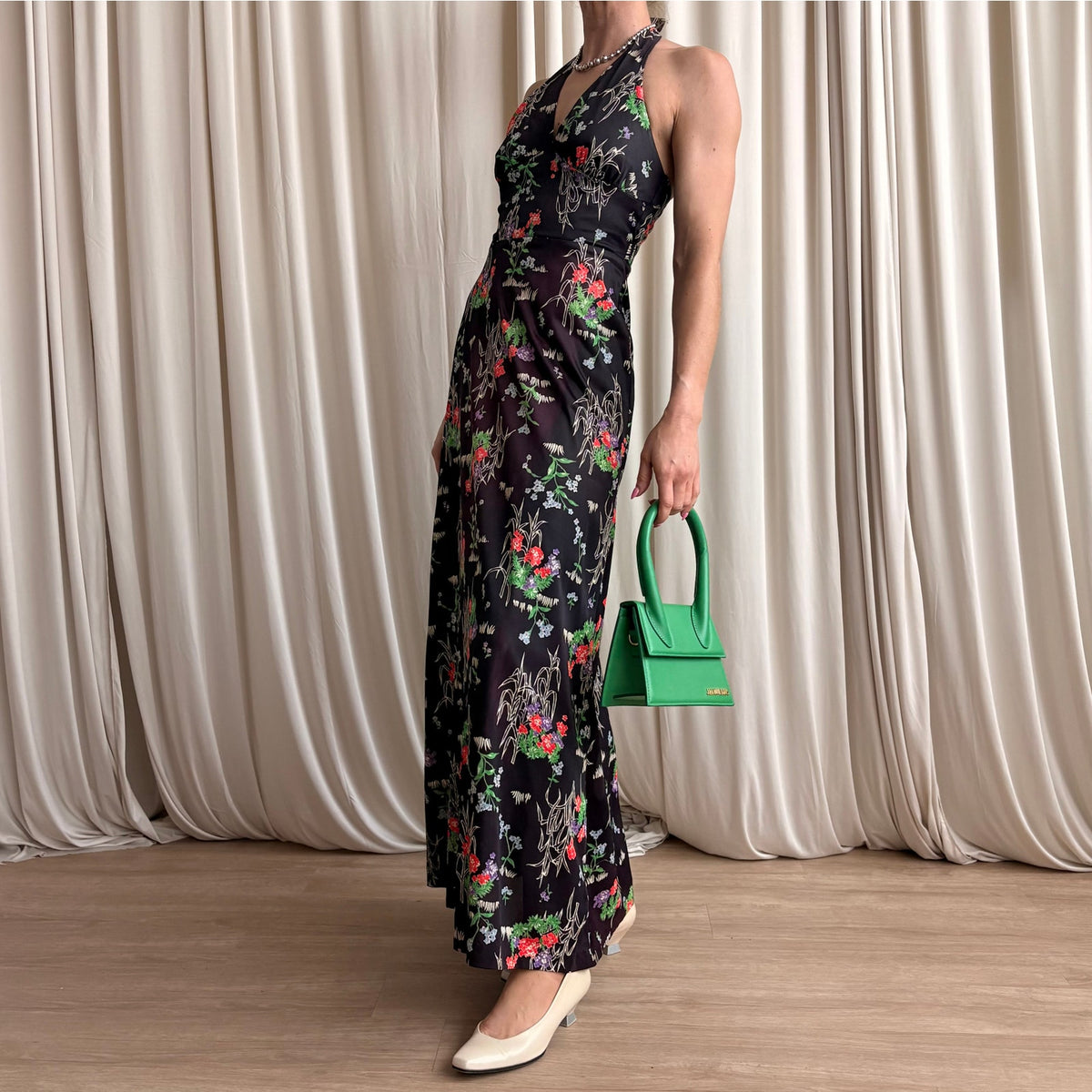 Leslie J 70s Black Floral Halter Maxi - Vintage Romantic, Fits Small