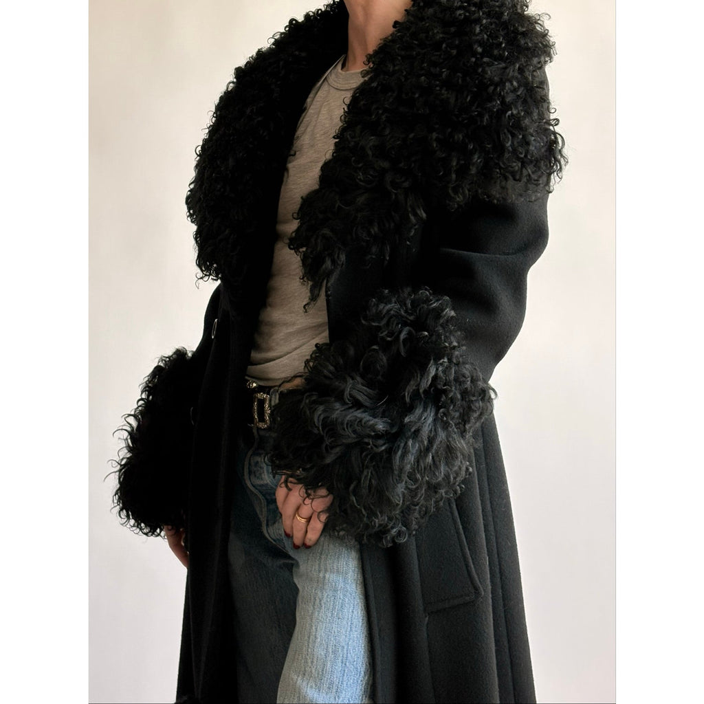 Vintage 1970s Black Wool & Mongolian Shearling Coat