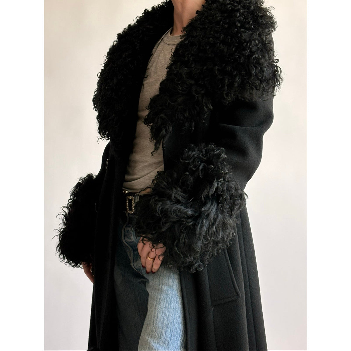 Vintage 1970s Black Wool & Mongolian Shearling Coat