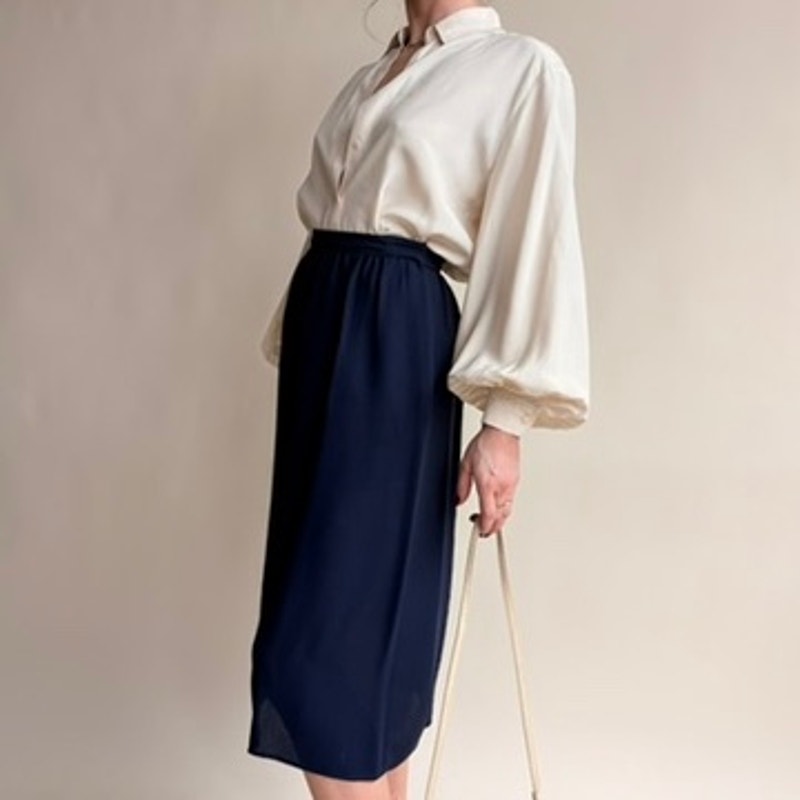 Navy Blue A-Line Midi Skirt - 80s Vintage, Size 4 (Fits 0)