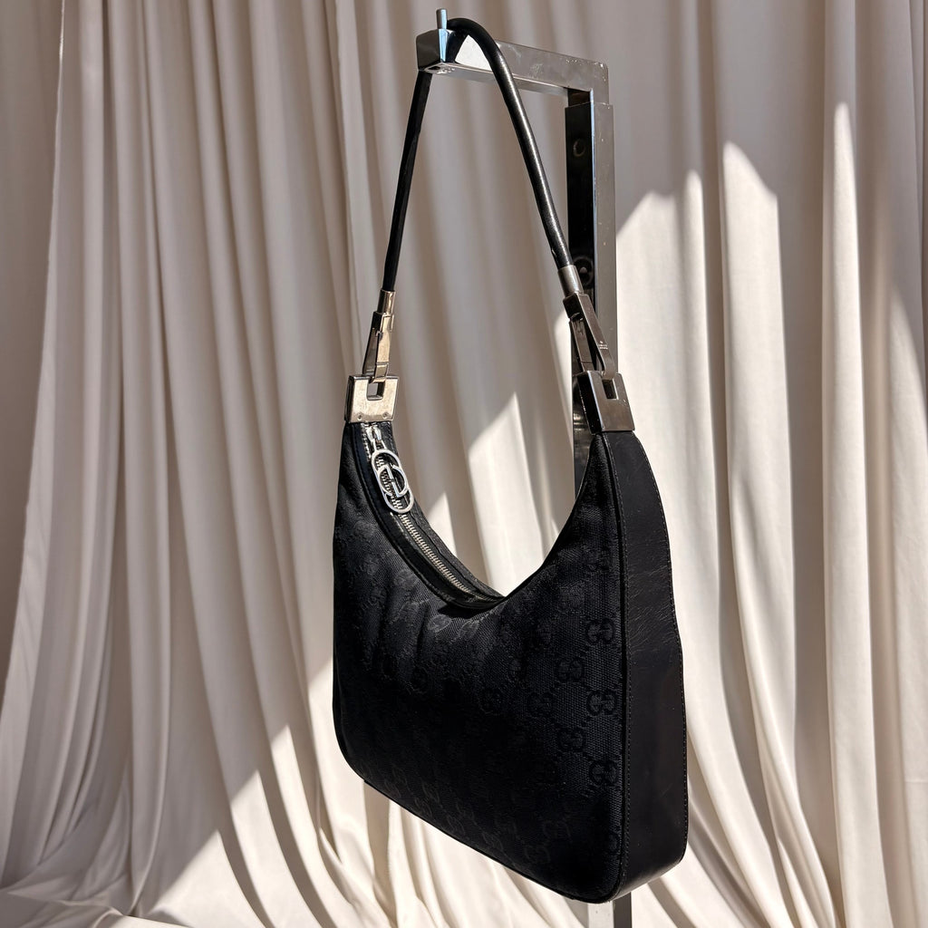 Vintage Gucci Tom Ford Era Black GG Monogram Canvas Hobo Bag Silver Hardware