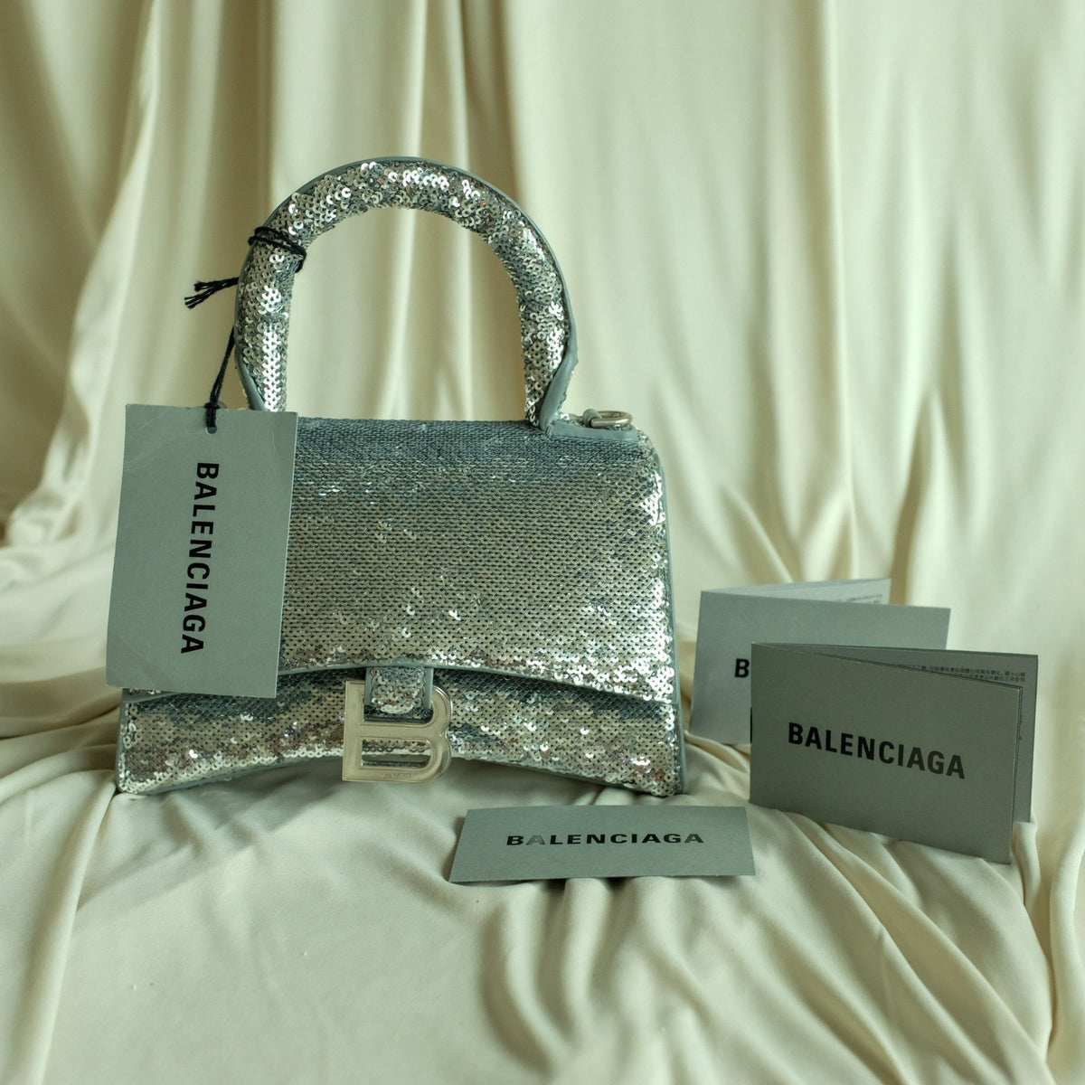 Balenciaga Hourglass Mini Sequin Bag - Silver, Calf Leather, NWT