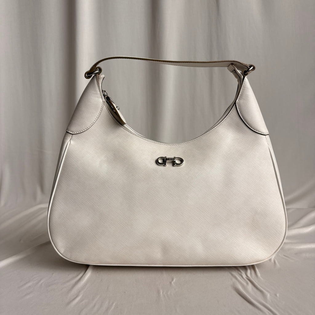 Ferragamo Gancini Romana Hobo Bag - White Saffiano Leather