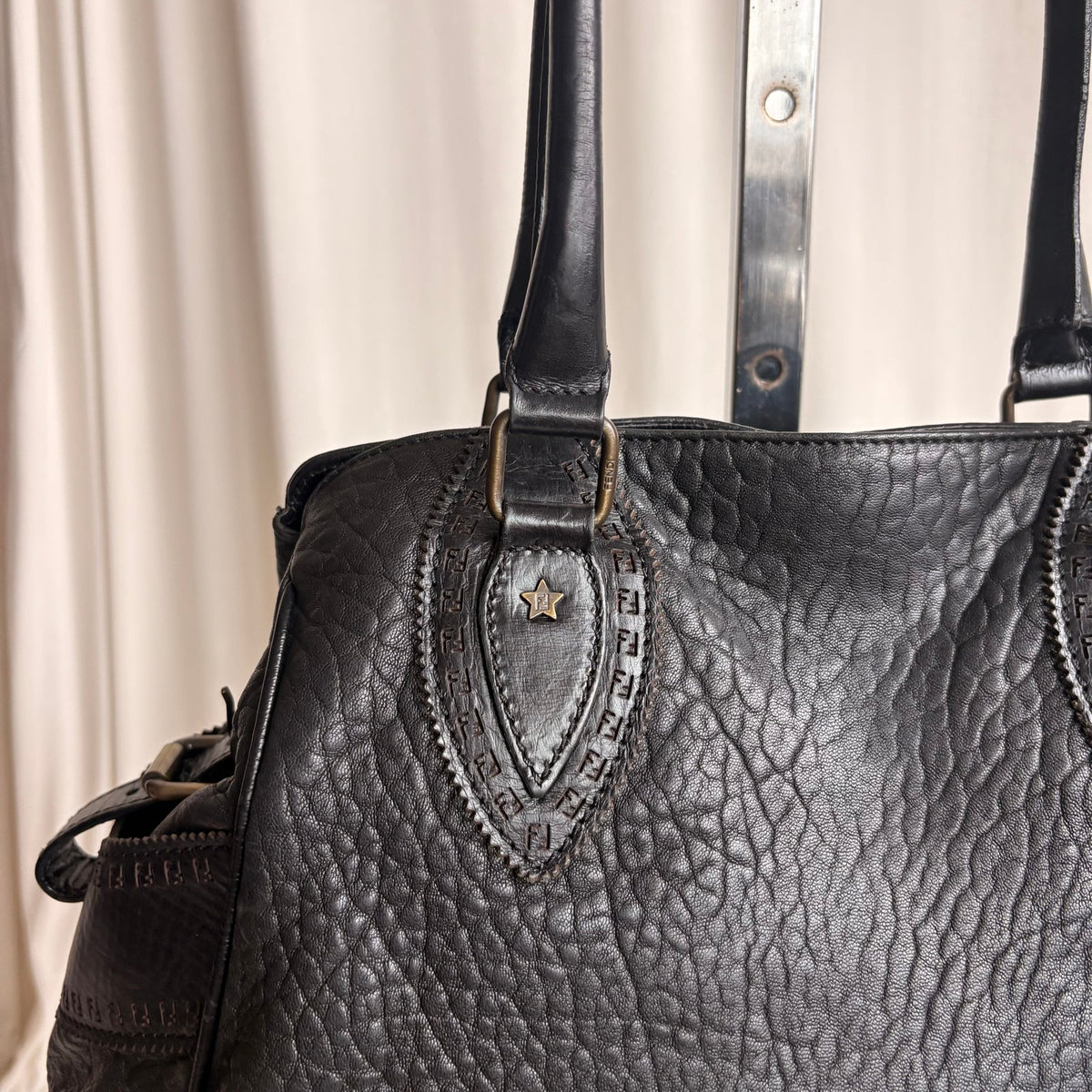 Fendi Black "Etnico Du Jour" Pebbled Calf Leather Handbag