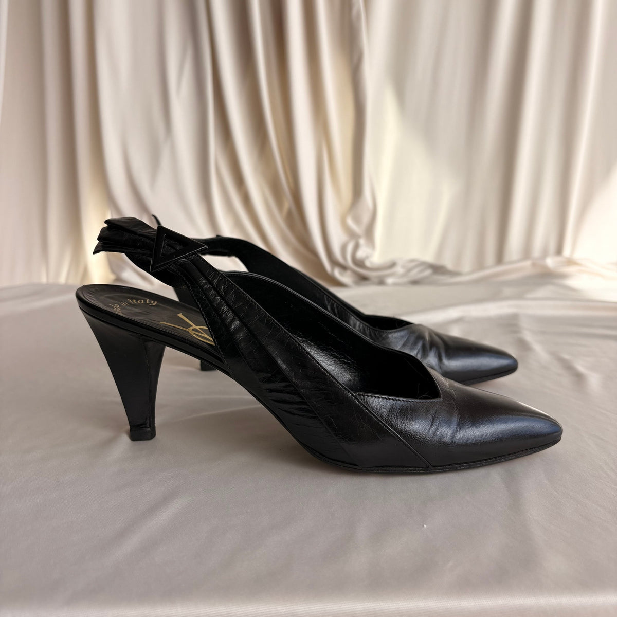 Vintage 80s YSL Black Leather Slingback Heels -  7.5 (fits like a 7)
