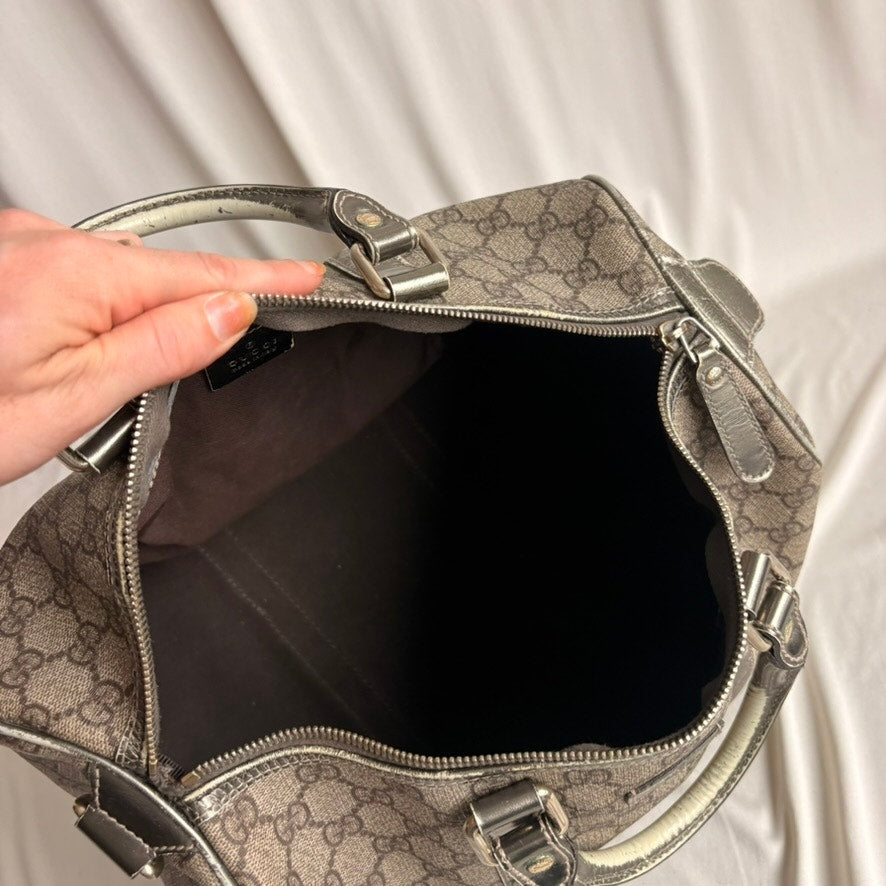 Gucci GG Supreme Joy Boston Bag - Brown Coated Canvas &Metallic Leather Trim