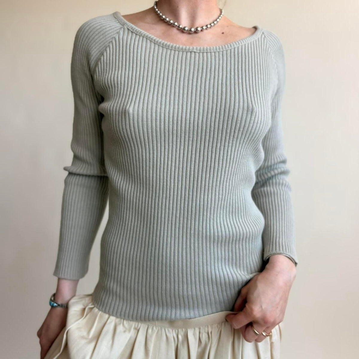 525 Light Sage Green Boat Neck Top - Ribbed, One Size (Fits Small), Made in USA