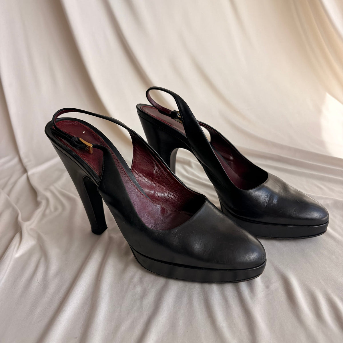 Vintage Prada Black Leather Slingback Platform Pumps - Gold Buckle, 37.5