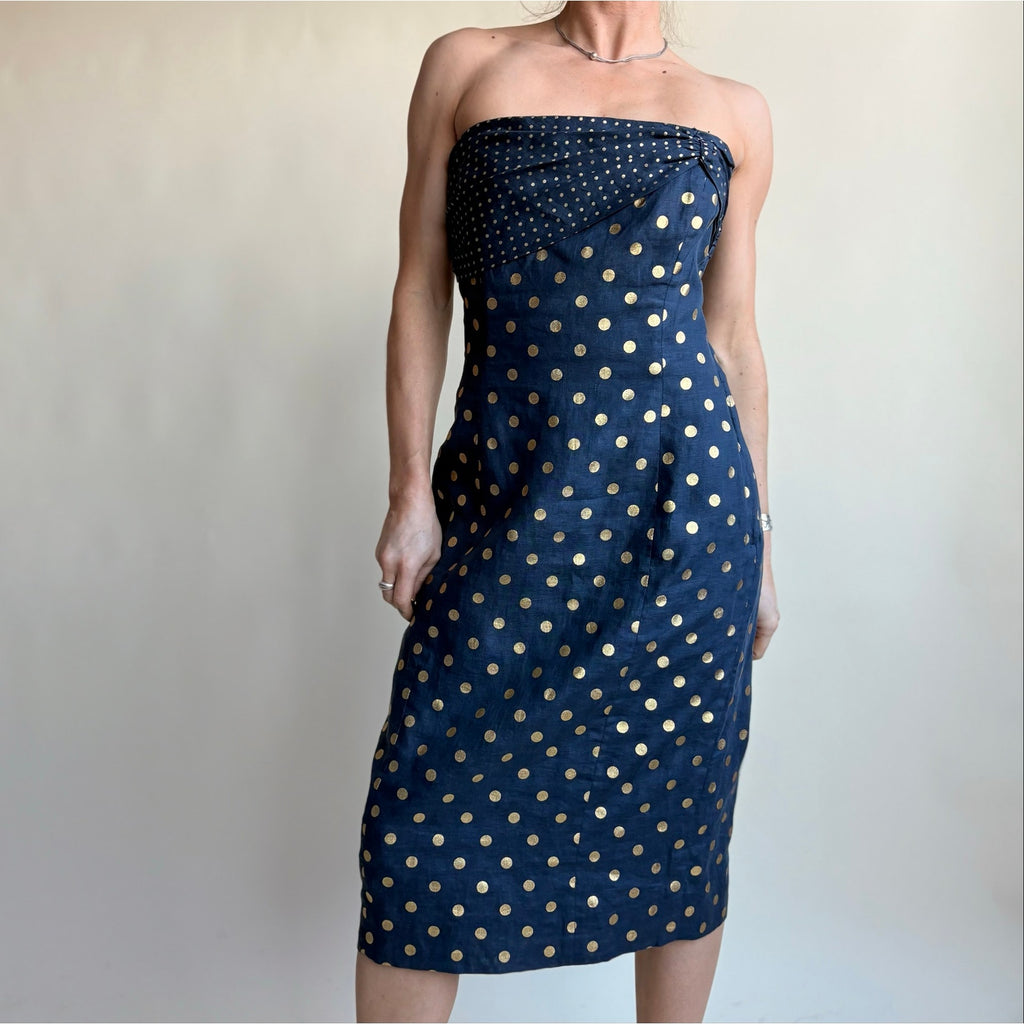 Albert Nipon Navy Blue Strapless Wiggle Dress - Gold Polka Dot, Bow Detail, Size 4/6