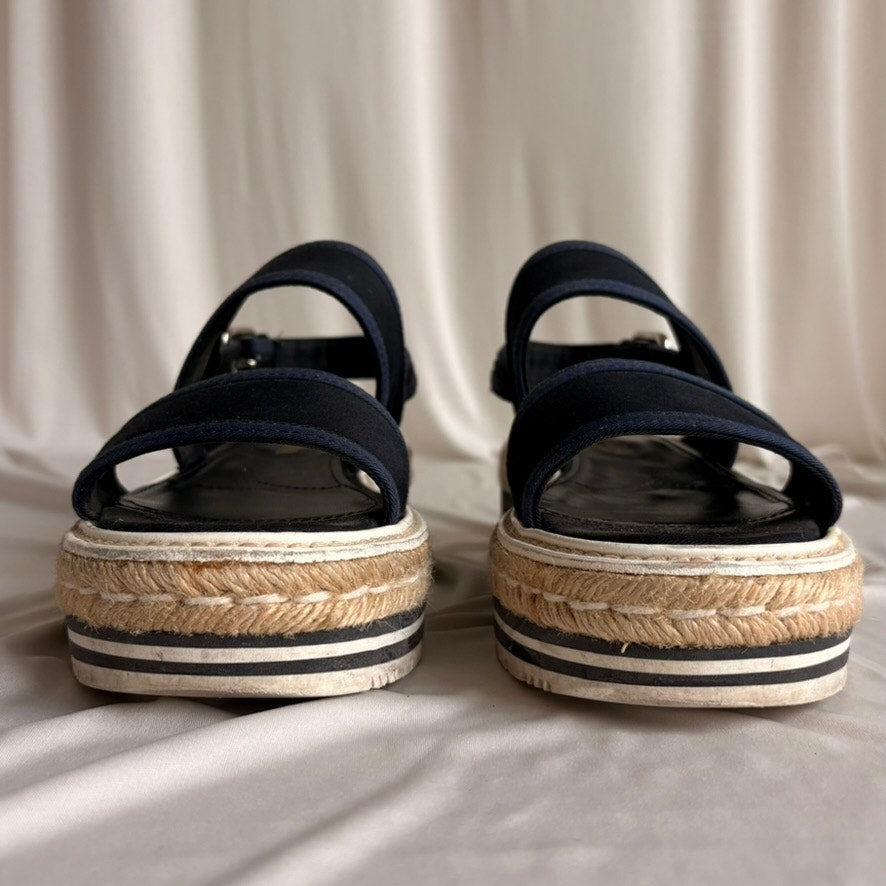 Prada Black & Baltic Blue Canvas Espadrille Platform Sandals - EU 37/US 7