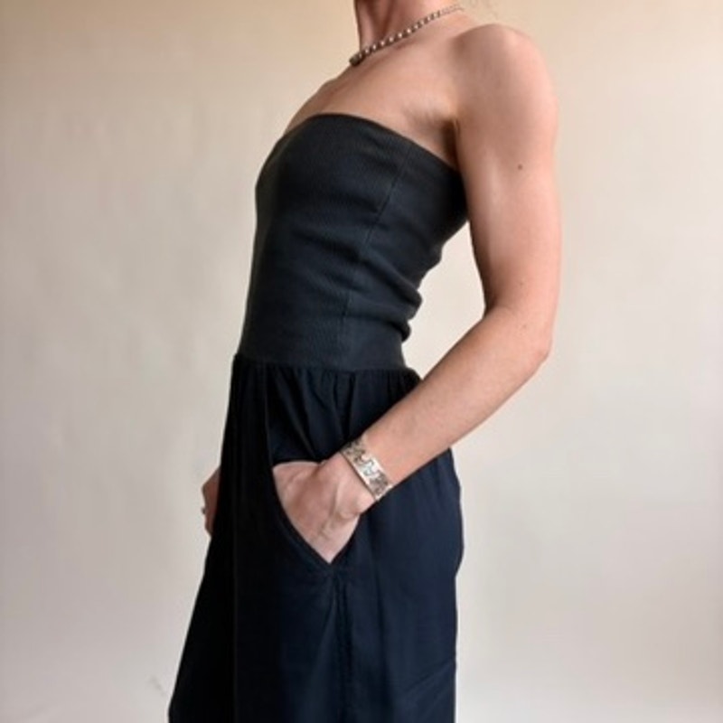 Chaus Black Ribbed Tube Top Jumpsuit - Wide Leg, Pockets, 90s Vintage, Size Small