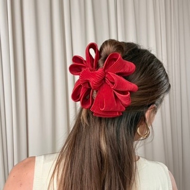 Red Oversized Ribbon Claw Clip - Pleated Bow Detail, Retro
