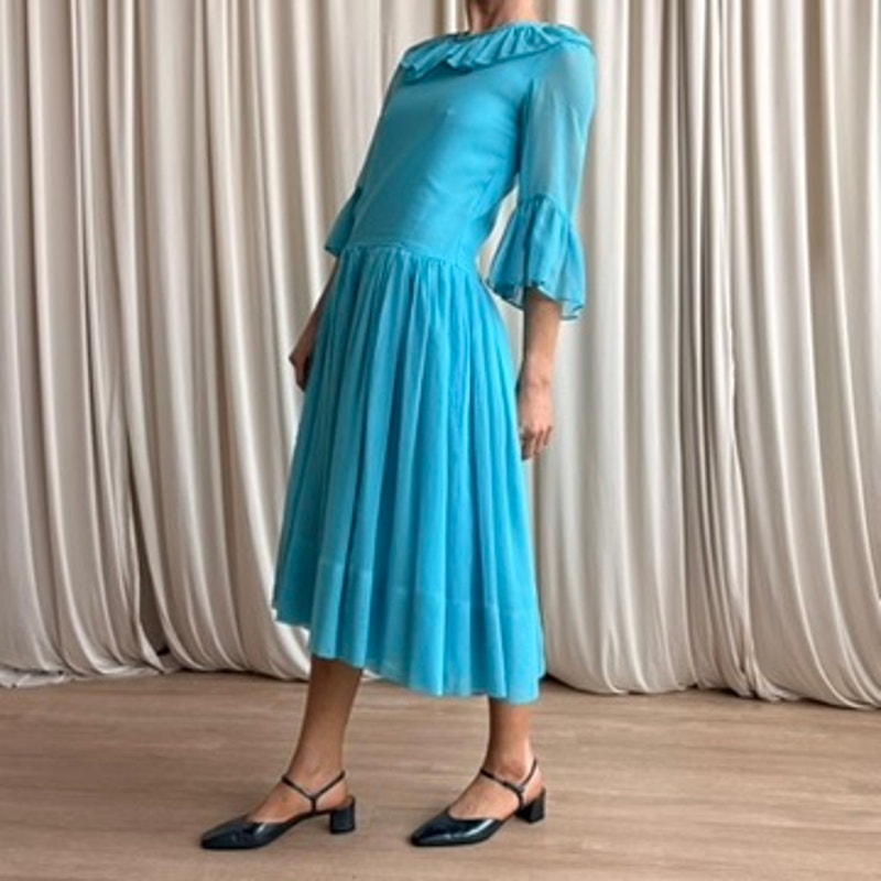 Ollie Wright 60s Turquoise Drop-Waist Midi - Sheer Chiffon, Handmade, Fits Small