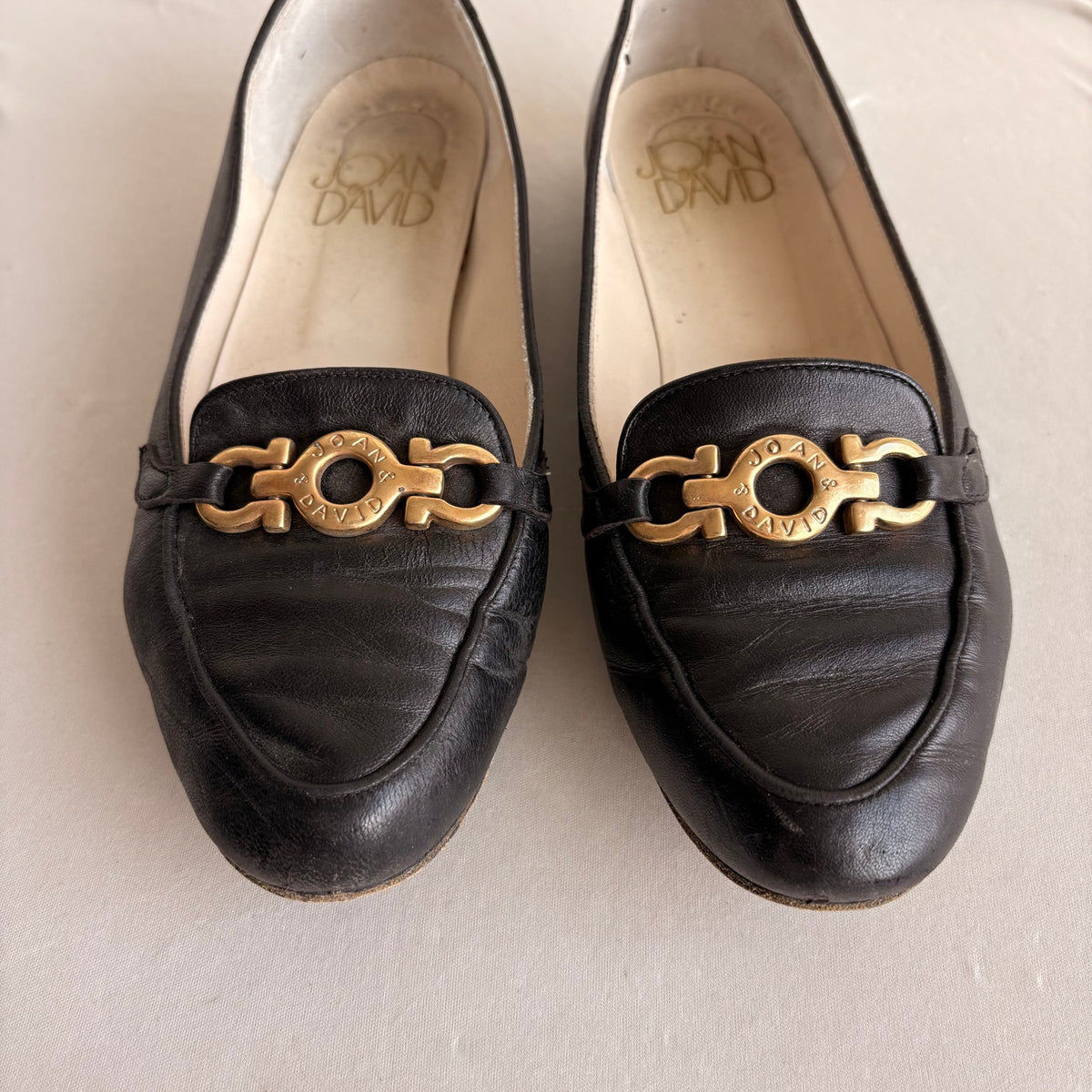 Vintage Joan & David Black Leather Loafers - Gold Gancini Hardware, Square Toe