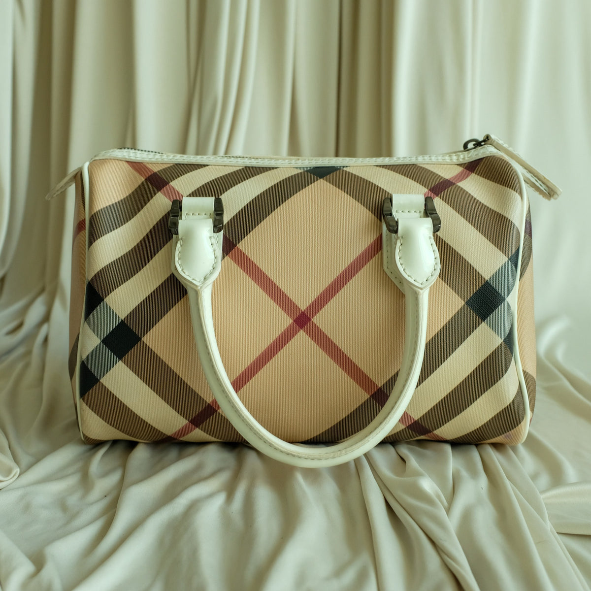Burberry Chester Boston Bag - Supernova Check, White Patent Handles