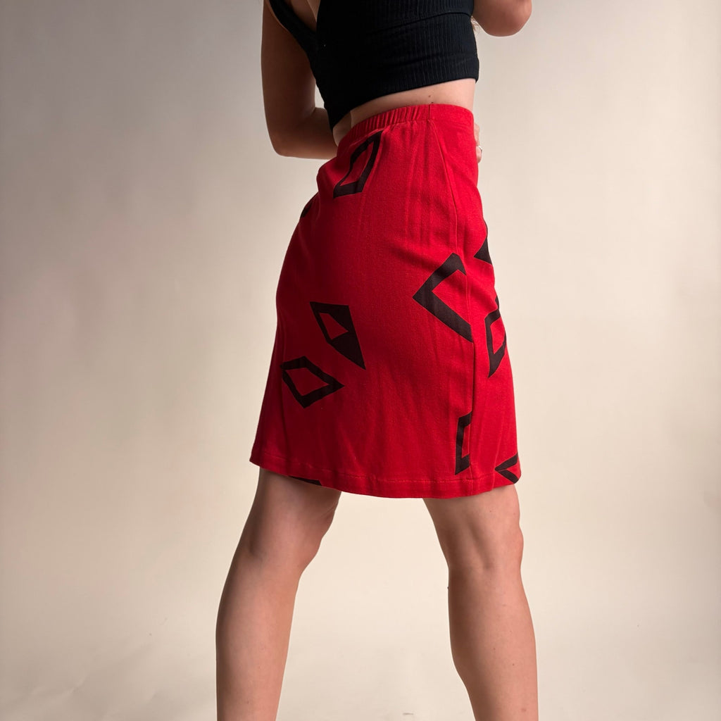James Berry for Bergdorf Goodman Red Mini Skirt - Hand-Screened Black Diamonds, 80s, Size Small
