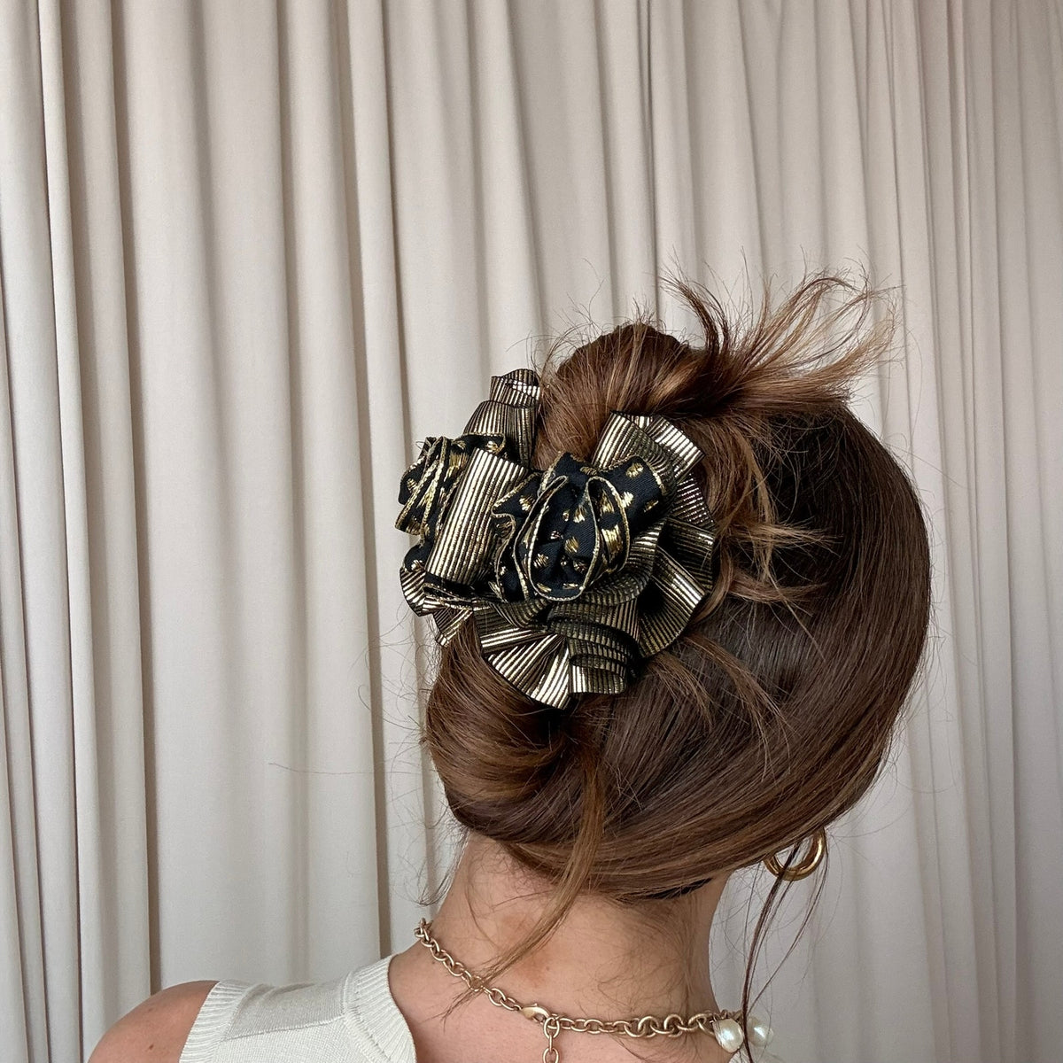 Gold & Black Stripe Ribbon Claw Clip - Polka Dot Detail, Retro