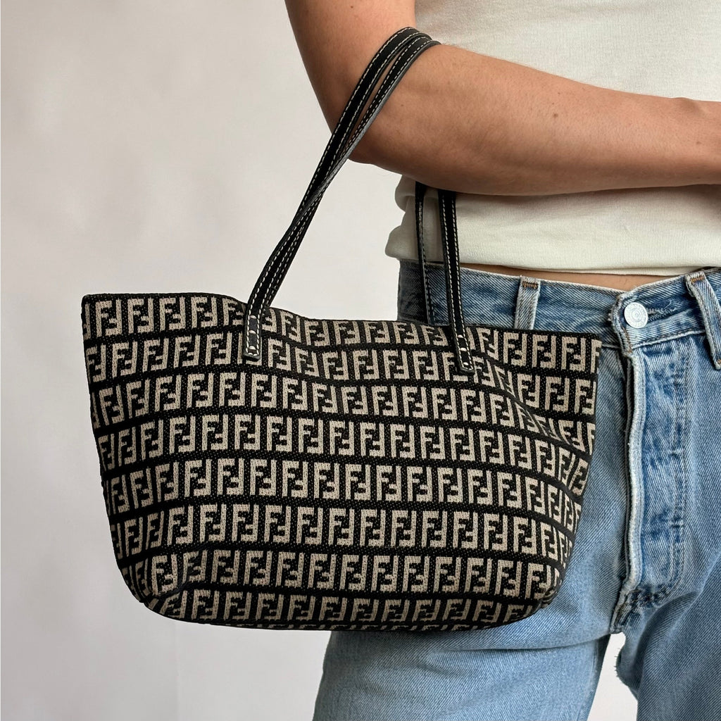 Vintage Fendi Zucchino Roll Tote - Black & Tan Textured Canvas