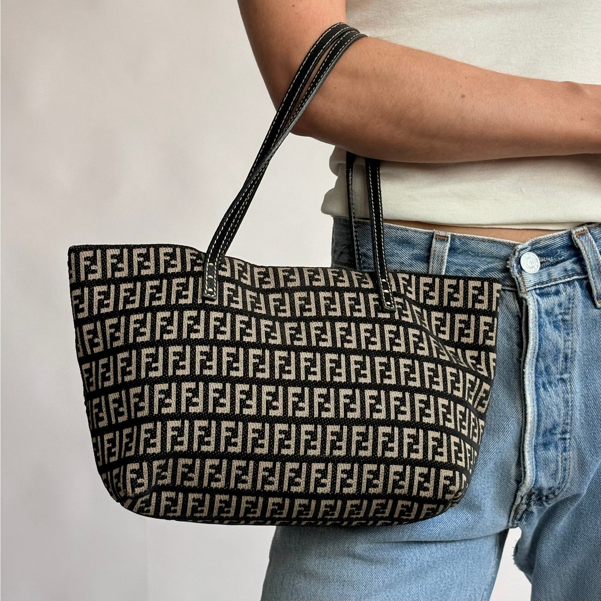 Vintage Fendi Zucchino Roll Tote - Black & Tan Textured Canvas