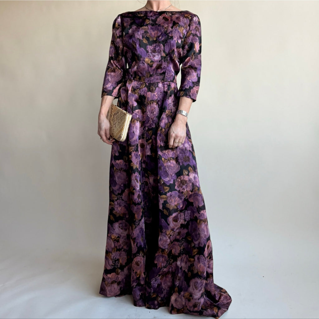 Dark Purple Floral Jacquard Maxi Gown - Boat Neck, Handmade, Fits Size 2