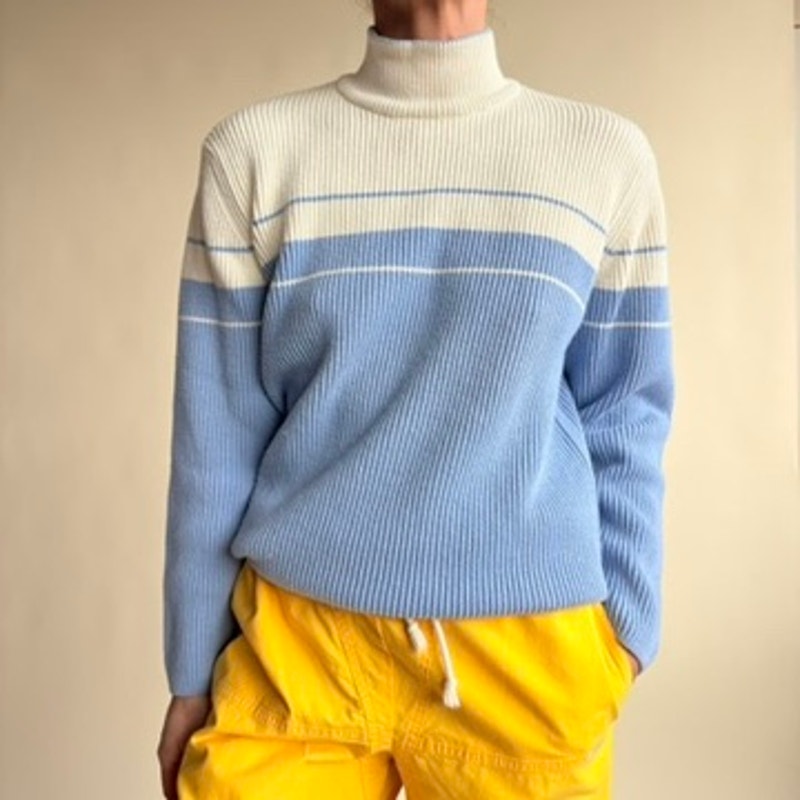 Jeanne Pierre Striped Mock Neck Sweater - Blue & White, 100% Cotton,  Size Small