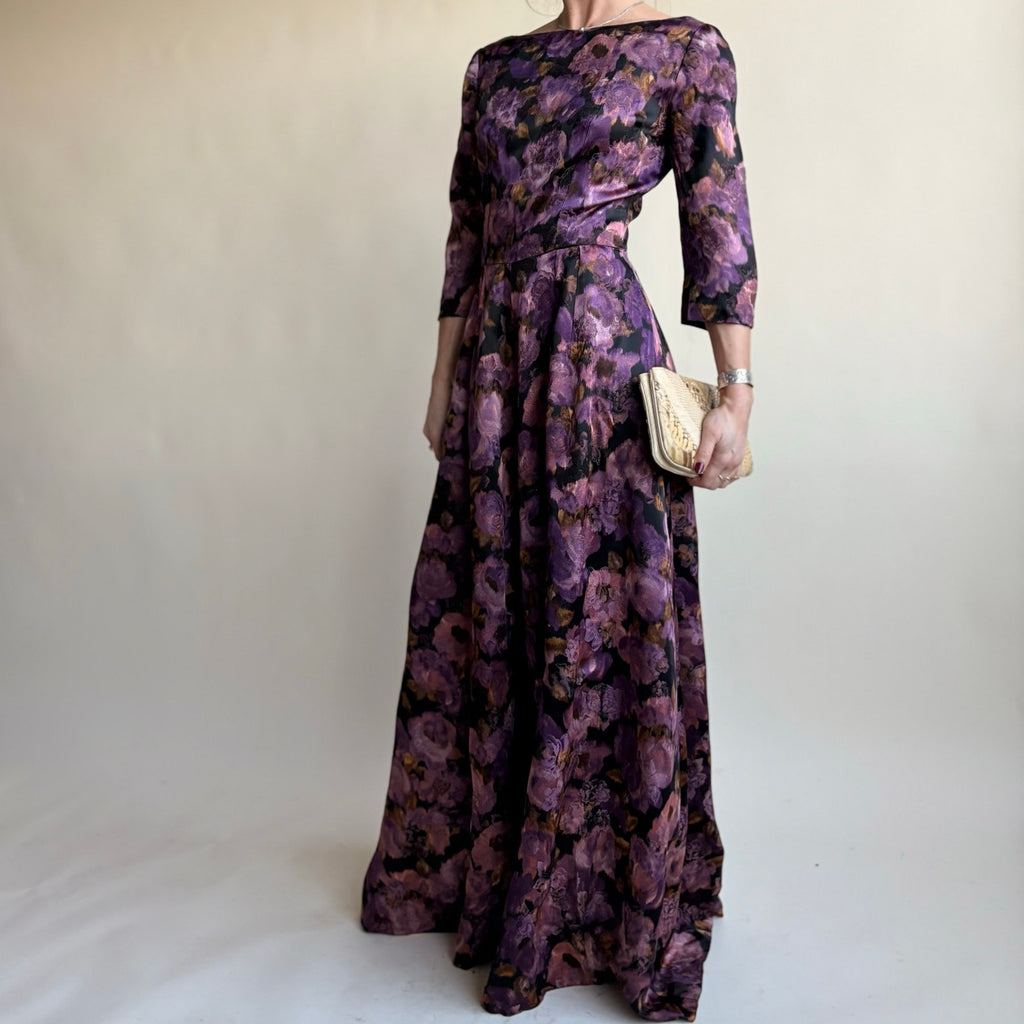 Dark Purple Floral Jacquard Maxi Gown - Boat Neck, Handmade, Fits Size 2